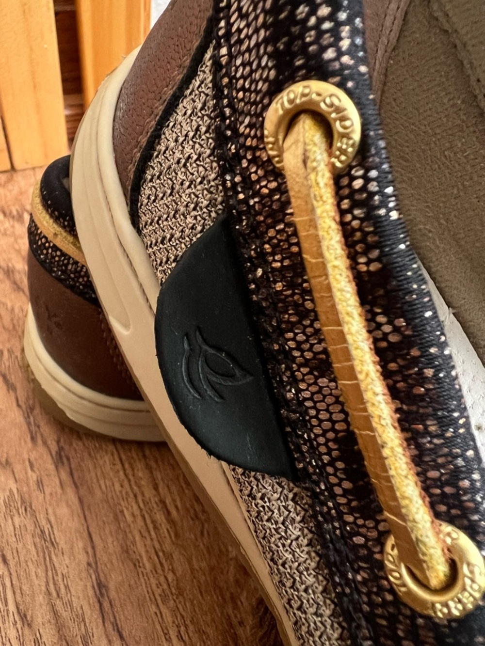 Sperry TopSider Boat Shoes Women 7.5M Black Brown Metallic Leather Lace Up Flats - Picture 9 of 13